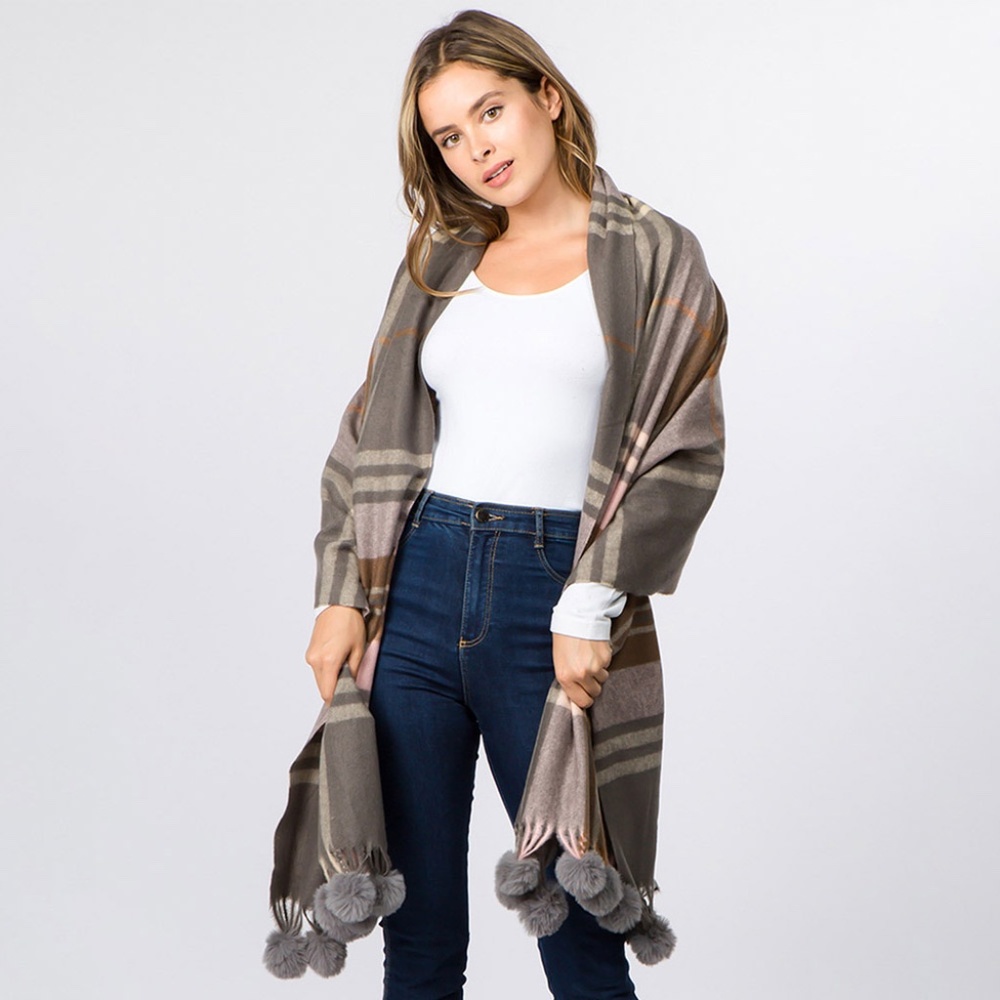 Pom Pom Tassel Plaid Scarf